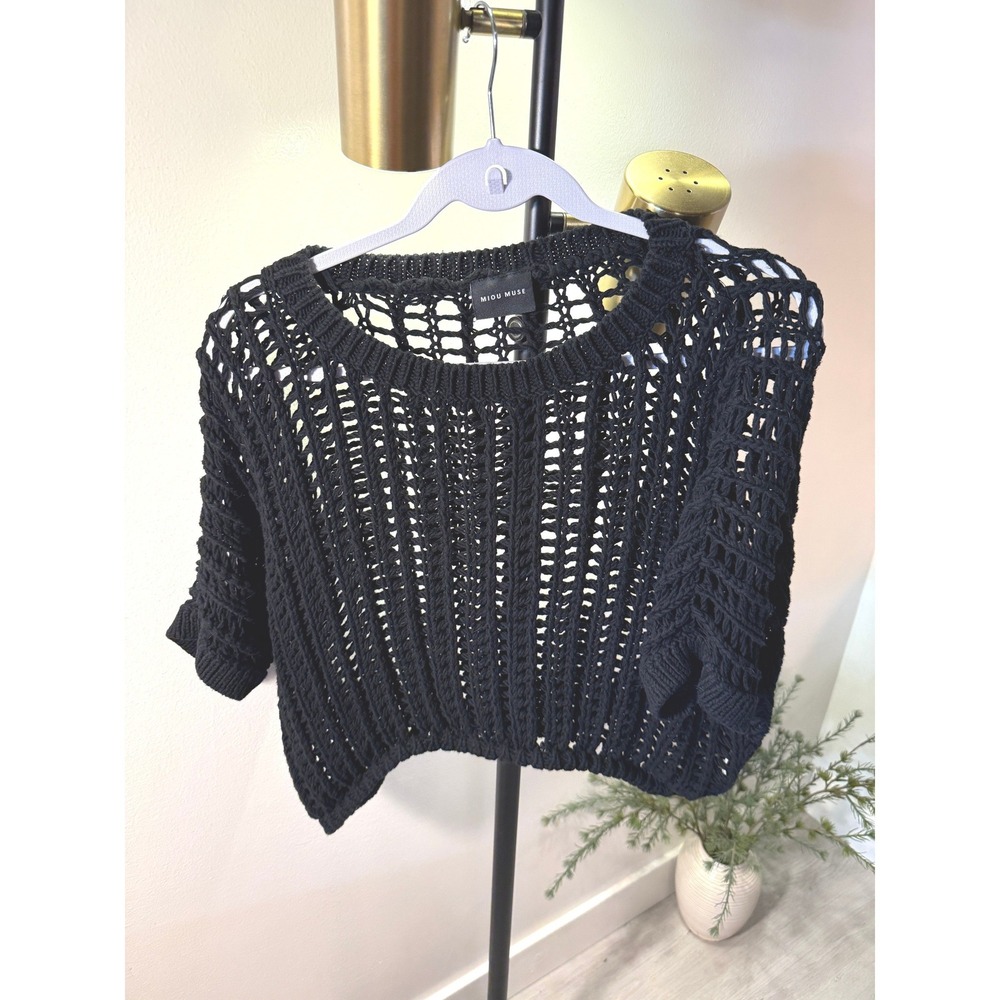 Miou Muse knit sweater short sleeve scoopneck wide openwork chunky loose boxy SM